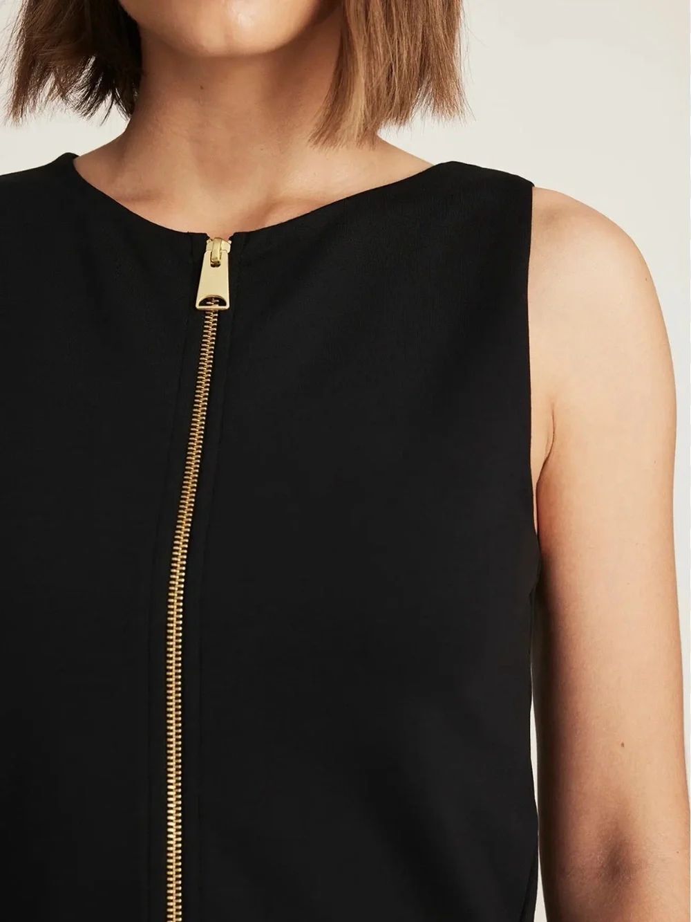 0109 New York & Company Black Sleeveless Zip-Front Dress with Gold Hardware